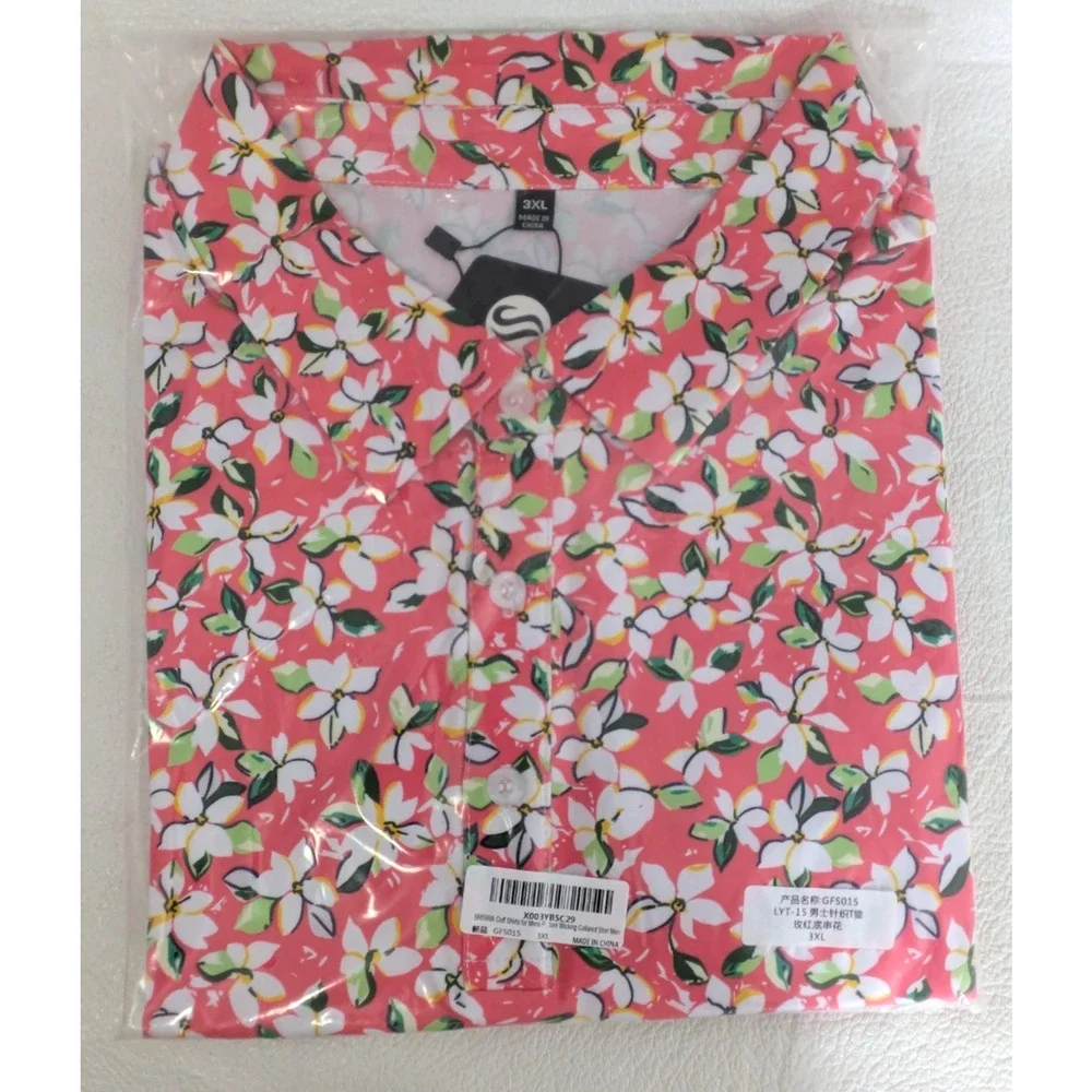Mens Golf Polo Shirt Moisture Wicking 3XL Pink White Plumeria Polo hirt - Picture 9 of 9